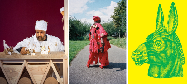 Links: kunstenaar Yasser Ballemans bij zijn mobiele carnavals atelier, foto door Robin Meyer, midden: campagnebeeld Parade, foto door Vincen Beeckman, rechts: campagnebeeld elf - Cult & Carnaval, 2026, Erik Kessels Links: kunstenaar Yasser Ballemans bij zijn mobiele carnavals atelier, foto door Robin Meyer, midden: campagnebeeld Parade, foto door Vincen Beeckman, rechts: campagnebeeld elf - Cult & Carnaval, 2026, Erik Kessels